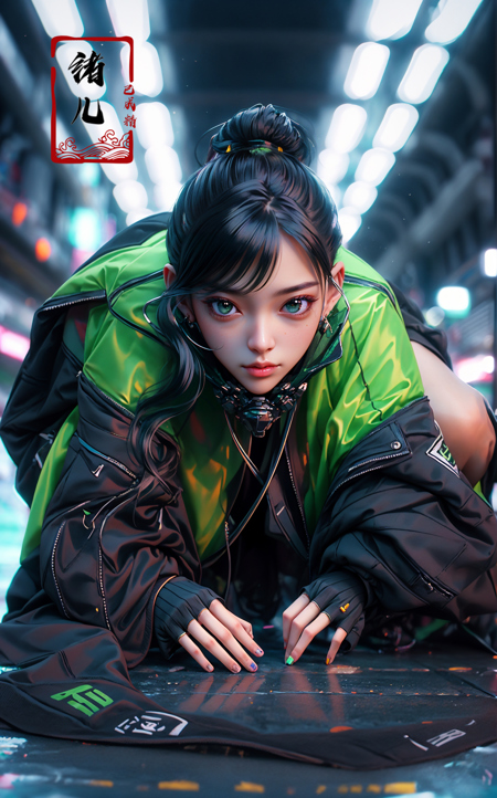 606247209521968579-3972233876-CG masterpiece, 3D Chinese girl, angelic face, techno-cool style, dressed in cyberpunk mixed with Chinese style clothing, crouch.jpg